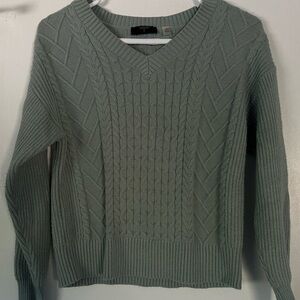 Tahari V-Neck Cable Knit Sweater - Green Grey Size XS